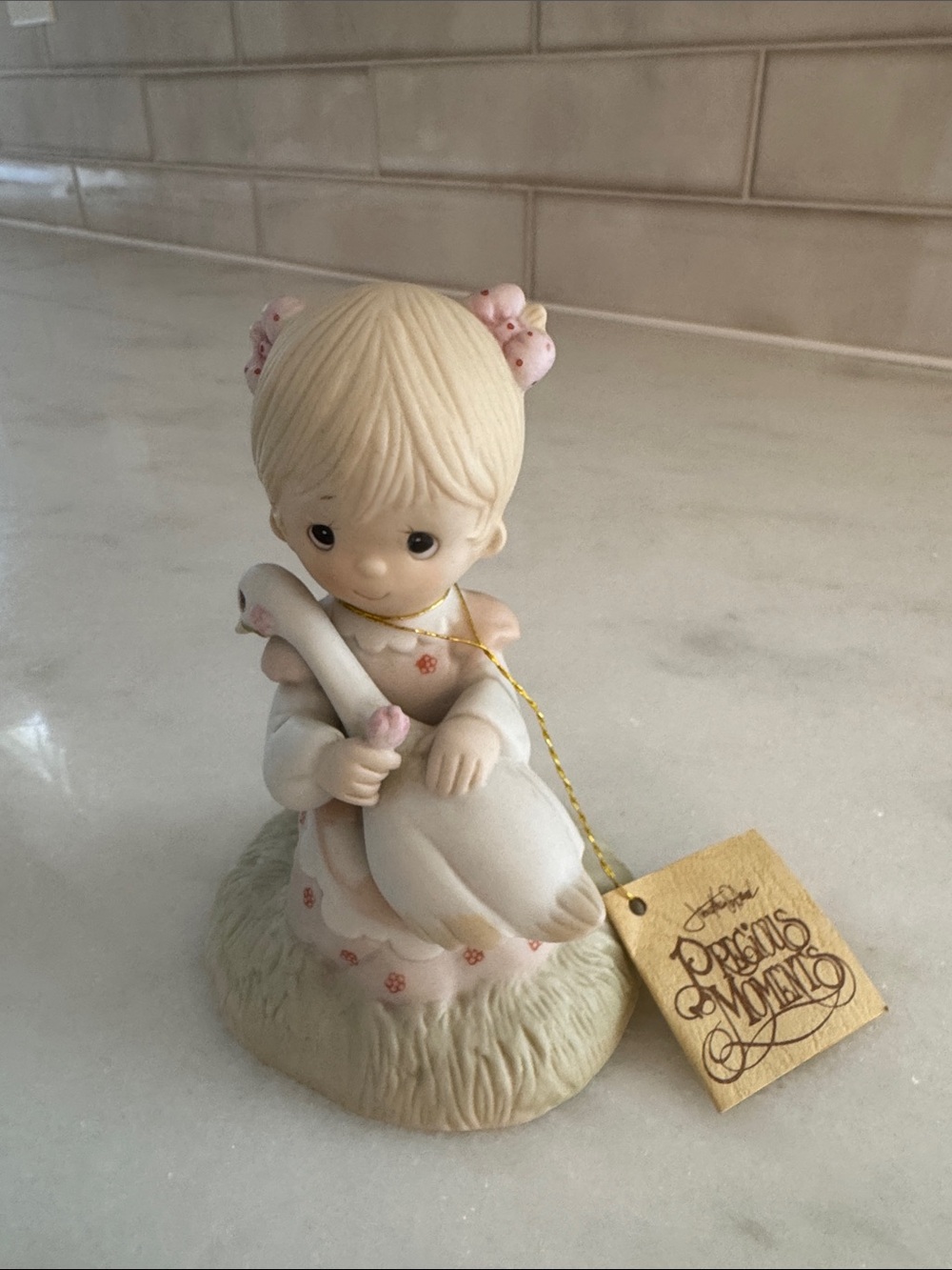 Precious Moments Cream and Pink Girl Figurine Embracing Goose